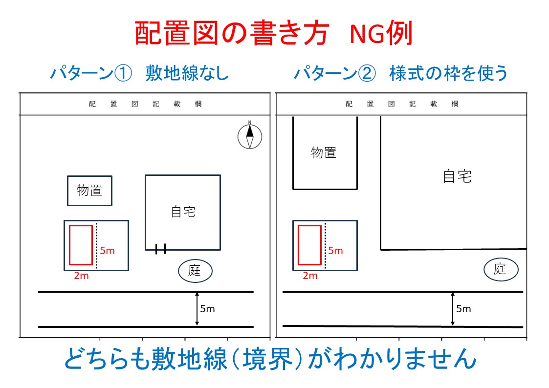 所在図・配置図のNG作成例(行政書士かわせ事務所作成)